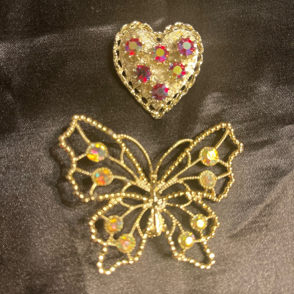 Vintage AB Crystal Brooch Gold Tone Lot Of 2